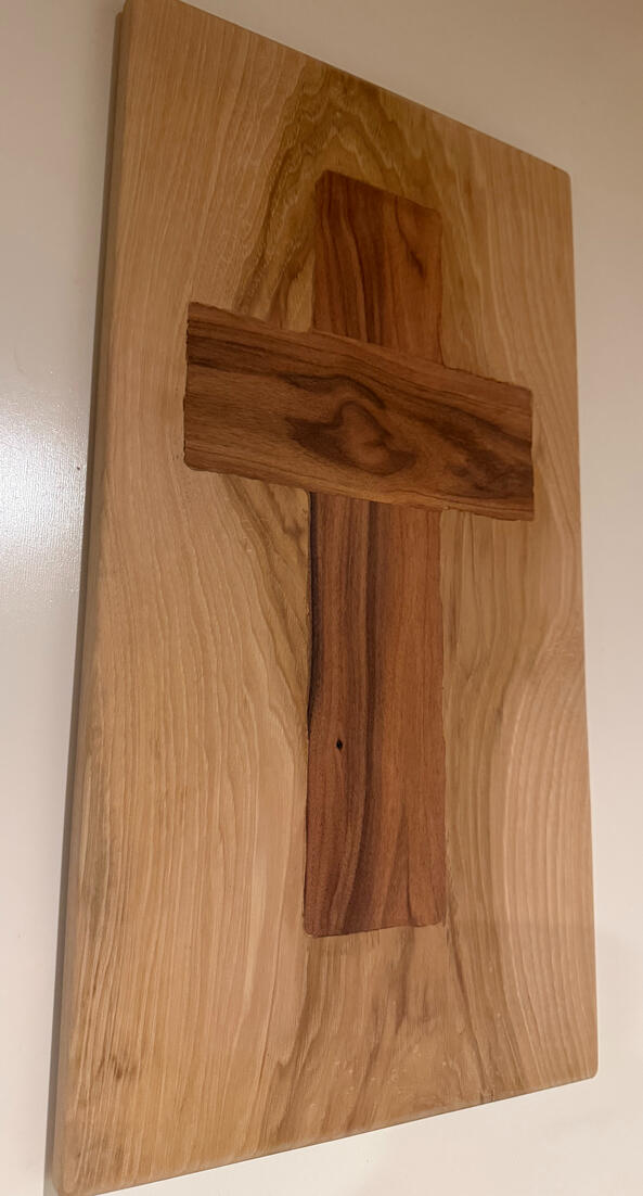 Solid Hickory with rough edged inlay of African Rosewood (Jagged lines to look old.)